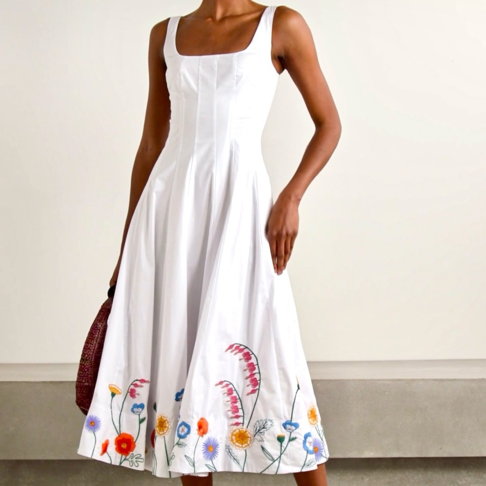 🌺🎉HP🎉🌺 NWT Staud Wells Embroidered Midi Dress White Seed Shop - Picture 2 of 16